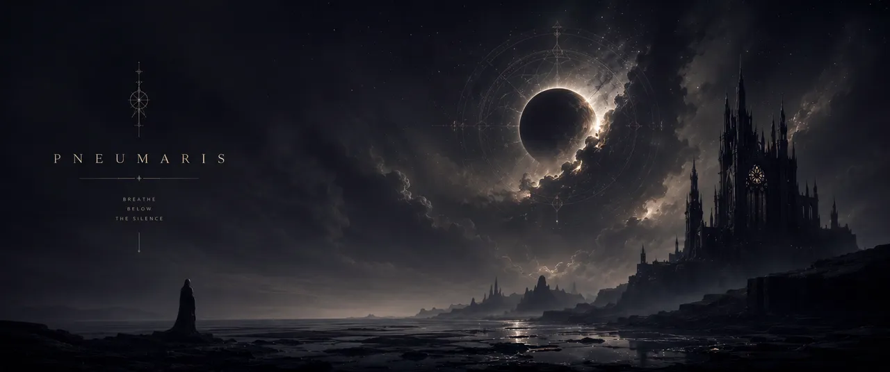 An eclipsed moon above a gothic skyline